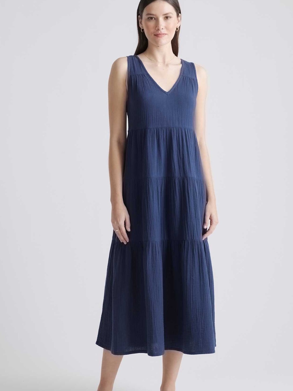 Quince 100% Organic Cotton Gauze Tiered Maxi Dress - Navy